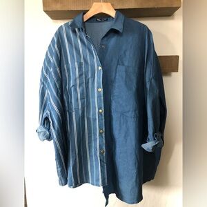 Shein|Oversized button down chambray top, striped & solid—asymmetrical hem•••XXL